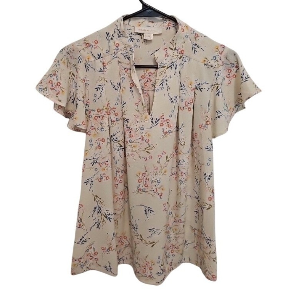 Monteau Los Angeles Women Cream Floral Flutter Sleeve Split Neck Blouse Large